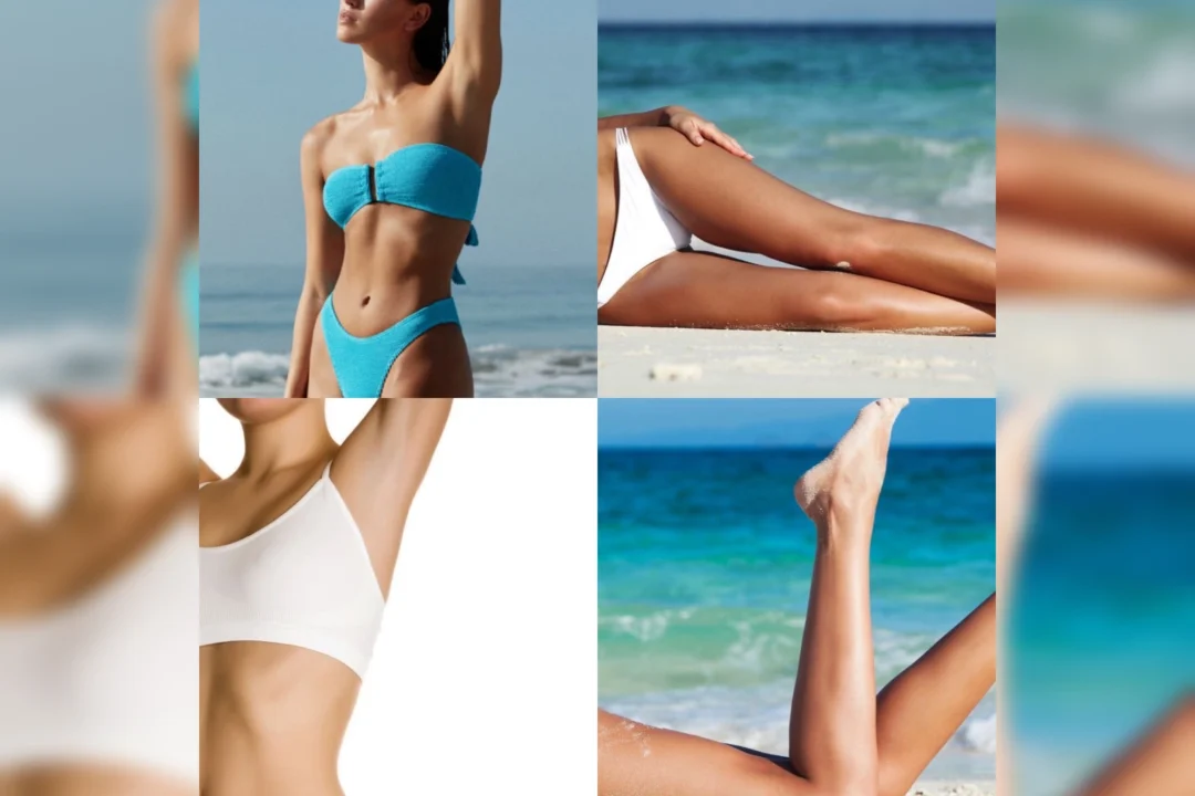 Four beach photos highlighting a woman in swimwear and sun-kissed skin by the sea.